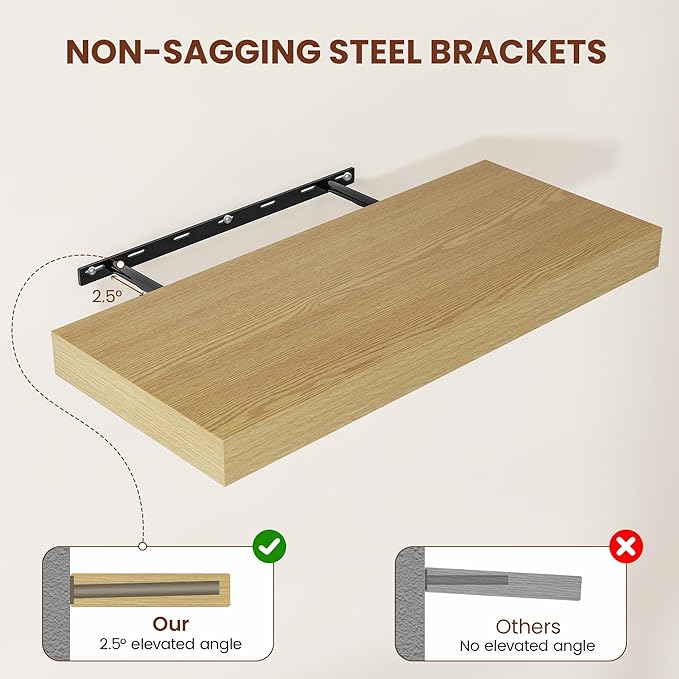 12 Inch Deep Floating Shelves 48 inch Long, 48 x 12 Wide Wall Shelves with Invisible Brackets, Heavy Duty Shelf for Bedroom Bathroom Living Room Kitchen Office Home Decor, Modern Shelf Set of 2, Oak