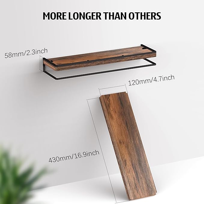 Meangood Floating Shelves Wall Mounted Set of 2, Wall Shelf with Towel Bar Rustic Wood Wall Storage Shelves for Bedroom,Living Room,Bathroom, Kitchen Rustic Brown
