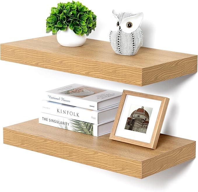 Deep Floating Shelves, 12 Inch Deep Rustic Floating Shelves Set of 2, 24 Inch Large Oak Wood Wall Mounted Shelves for Books Living Room Laundry Room Bedroom Kitchen Home Office - Oak