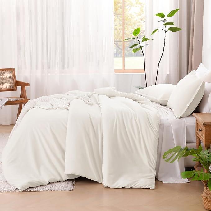 Litanika Ivory Comforter Set Full Size, 3 Pieces Lightweight Solid Bedding Comforter Set, All Season Fluffy Bed Set (79x90In Comforter & 2 Pillowcases)