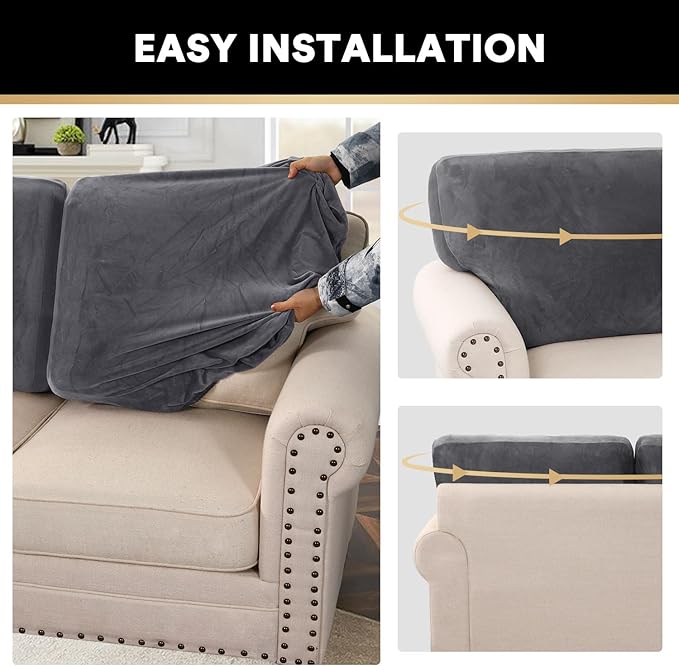 PrinceDeco Sectional Couch Covers Velvet Cushion Covers for Sectional Couch Cushion Covers for Sectional Sofa Separate Sectional Sofa Slipcovers Washable(1 Chaise Back+ 2 Sofa Back,Grey)