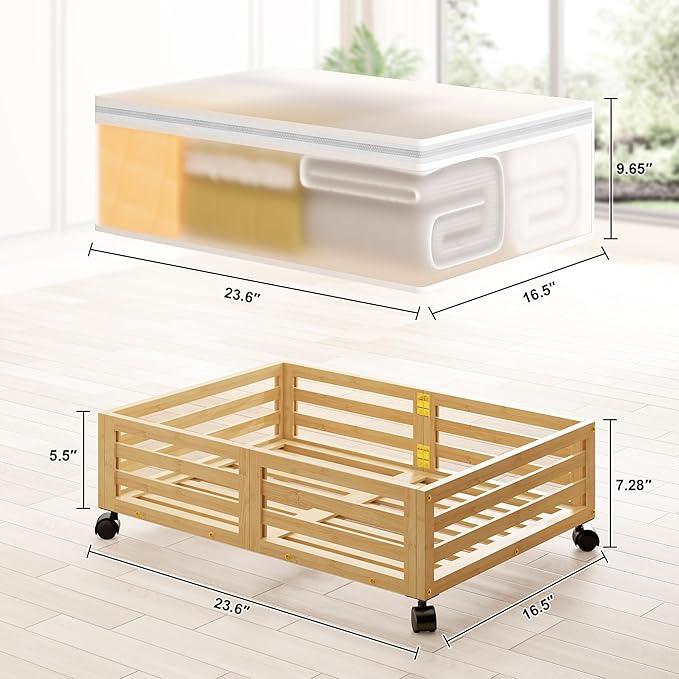 Under Bed Storage with Wheels-Large Bamboo Underbed storage Containers with Large Dust Bag Stackable Under the Bed Shoe Storage Bins for Clothes Books Bedding (2 Packs Nature, 23.62