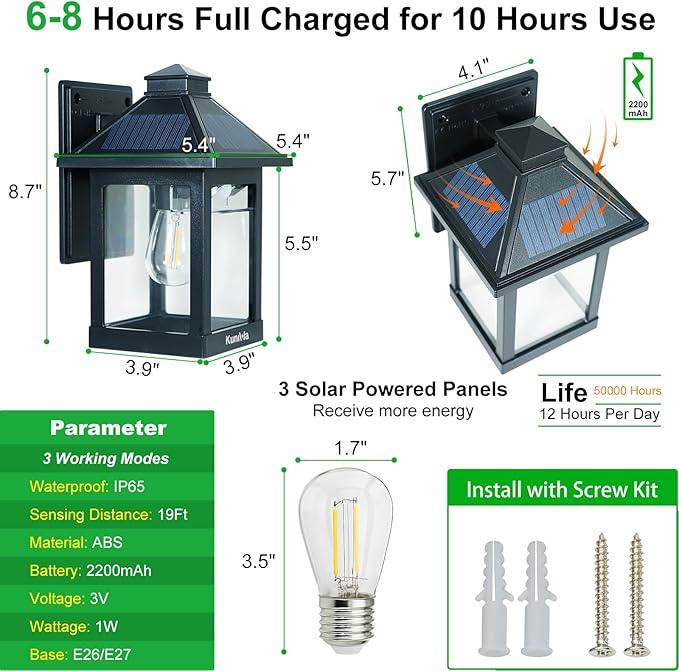 2 Pack Solar Wall Lantern Lights Outdoor Dusk to Dawn Motion Sensor Waterproof LED Wall Sconce Exterior Porch Light Fixtures Warm White, 3 Lighting Modes for Fence Patio Garage Garden Yard