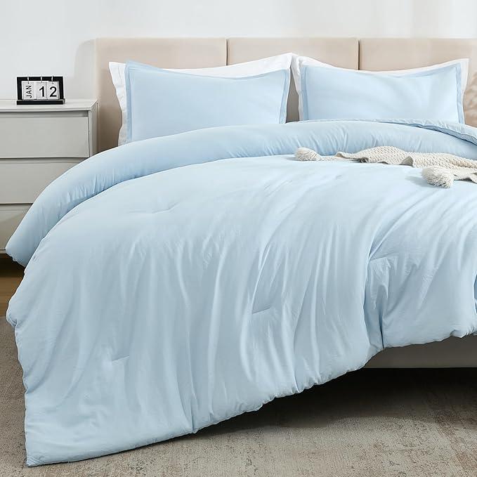 Litanika Comforters Light Blue Queen Size, 3 Pieces Lightweight Solid Bedding Comforter Set, All Season Fluffy Bed Set (90x90In Comforter & 2 Pillowcases)