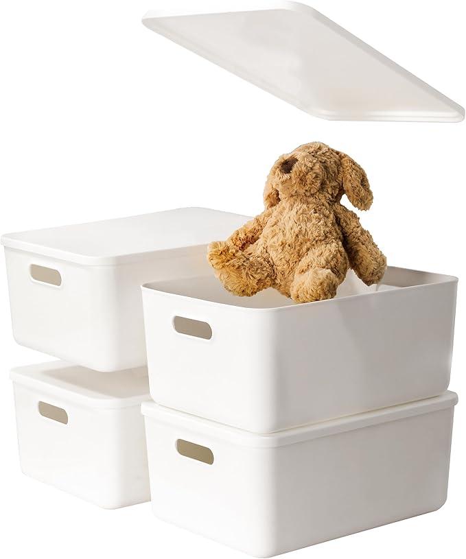 4 pack large plastic White storage bins Baskets, Toy Box Chest with Lids and Handle，Organizer Containers for Baby，Kids,snacks,Nursery，Shelves，Playroom, Bedroom，Office,Closet，home