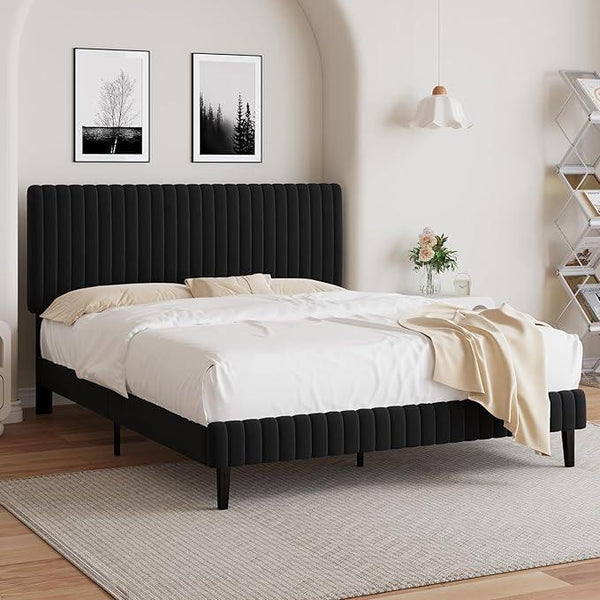 Full Size Bed Frame, Velvet Upholstered Platform Bed with Vertical Channel Tufted Headboard and Footboard, No Box Spring Required, Easy Assembly, Black