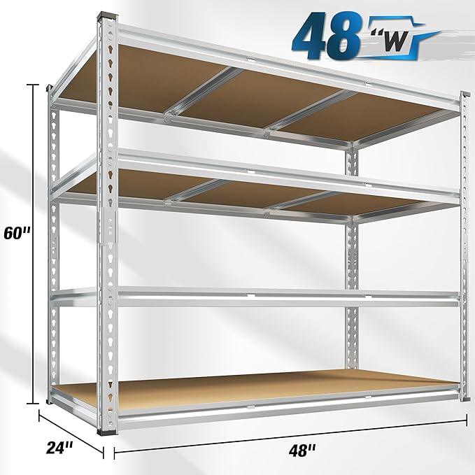 REIBII Garage Shelving, 4 Tier Storage Shelves Load 2550LBS, Adjustable Garage Shelving Heavy Duty, Metal Shelves Unit for Basement, Warehouse, 48