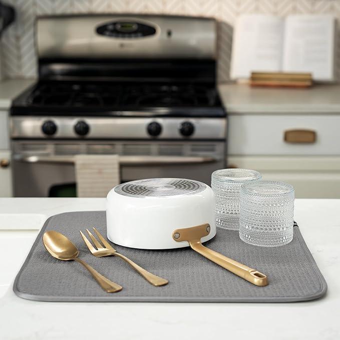 S&T INC. Dish Drying Mat, 16” x 18”, Absorbent Microfiber Kitchen Counter Mat, Dish Drying Pad for Dishes, Utensils, Pots and Pans, Large, Grey