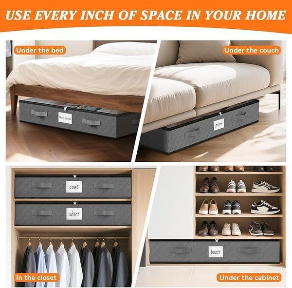 SpaceWhisper 90L Under Bed Storage Containers, 2-Pack Storage Bins with Clear Top, Foldable Closet Organizers and Storage with Label Holder for Clothing, Blankets, Comforter & Pillows (Grey)