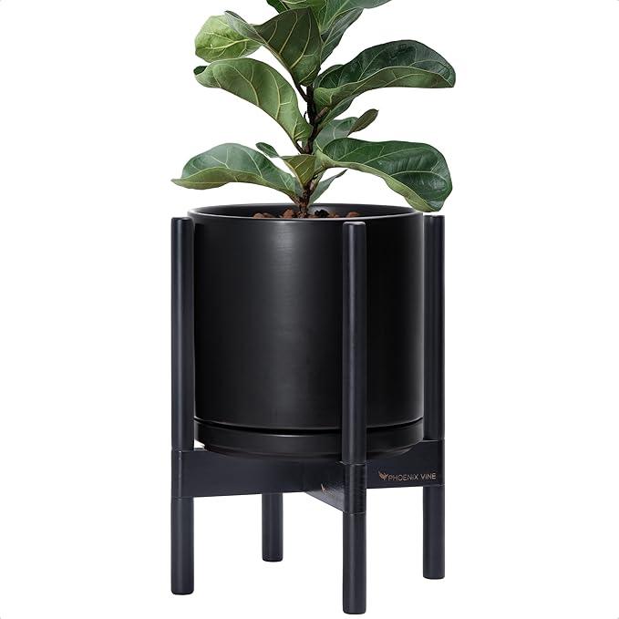 D'vine Dev Ceramic Planter with Ebony Stand - 10 Inch Modern Round Flower Pot with Wood Planter Holder, Black, 55-B-L-2