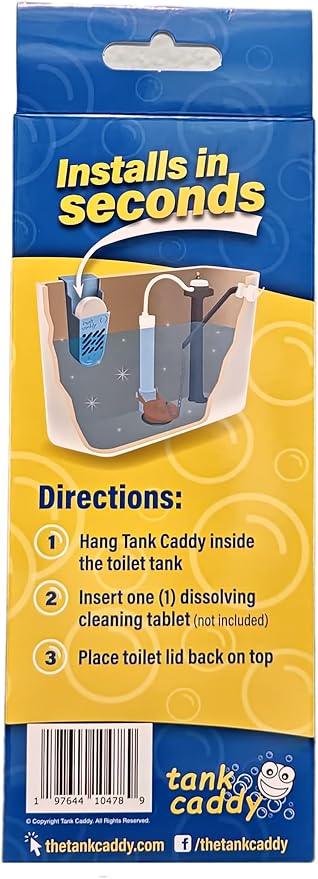 The Tank Caddy is a carrier that hangs inside your toilet tank, while trapping the soot that remains as blue and bleach tablets dissolve.