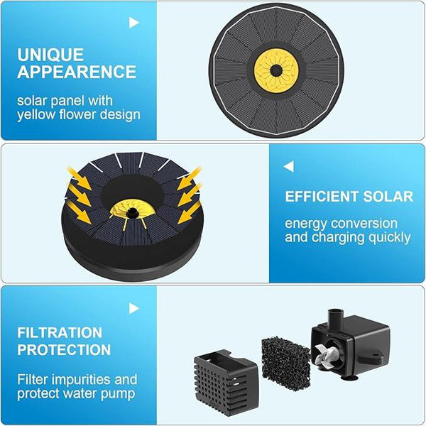 Solar Bird Bath Fountains,3.5W Glass Panel Solar Fountain Pump for Bird Bath No Battery,Solar Water Fountain Outdoor With 4 Fixed Pipes 7 Nozzles(Black)