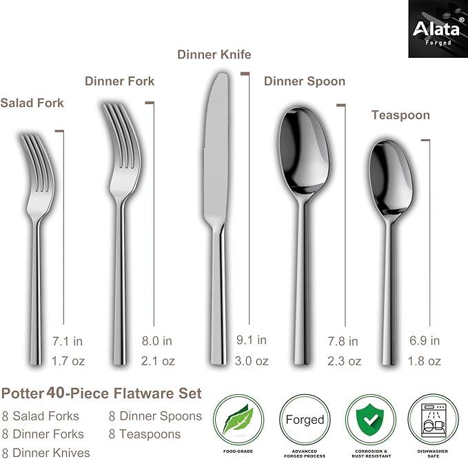 Alata Potter 40-Piece Forged Silverware Set Stainless Steel Flatware Set Cutlery Set, Service for 8, Mirror Finish, Dishwasher Safe