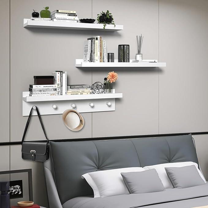 MBYD Picture Shelf Ledge, 24 Inch Floating Shelves for Wall, Nursery Book Shelves with Hooks Set of 3, Floating Shelf Wall Mounted for Bathroom,Kids Room, Living Room, Kitchen Bedroom White