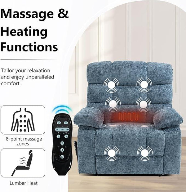 Lay Flat Recliner with Vibration Massage and Lumbar Heating, 26'' Wide Chair with Infinite Position and 2 Remote Controls, Soft Chenille Lift for Living Room, Grayish Blue