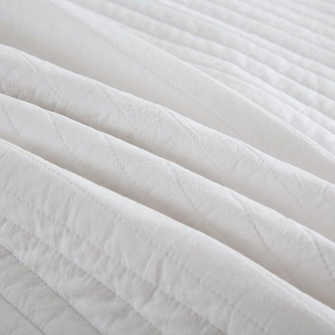 MarCielo 3-Piece 100% Cotton White Striped Quilt Set with Botanical Edge Embroidery TC(Sakura White,King(106