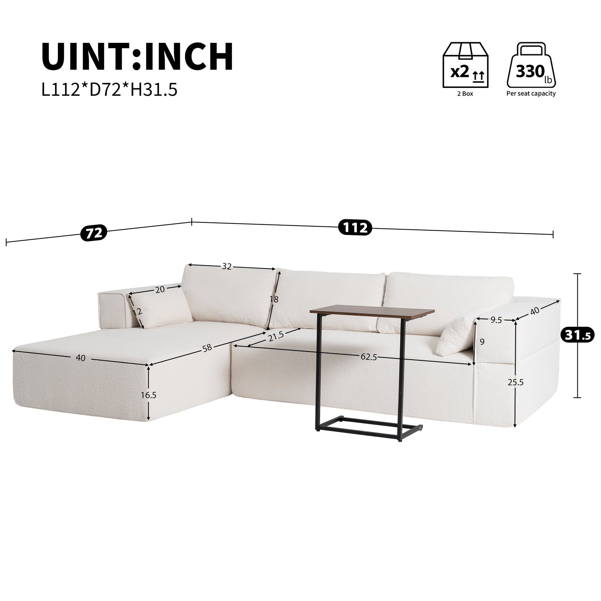 112'Modular Sectional Sofa with Free Side Table,Wide Seat,Fully Compressed,Wrinkle-resistant Boucle Fabric Couch with Chaise,Free Combination,L-Shaped Sofa for Living Room,No Assembly Required,3 Color