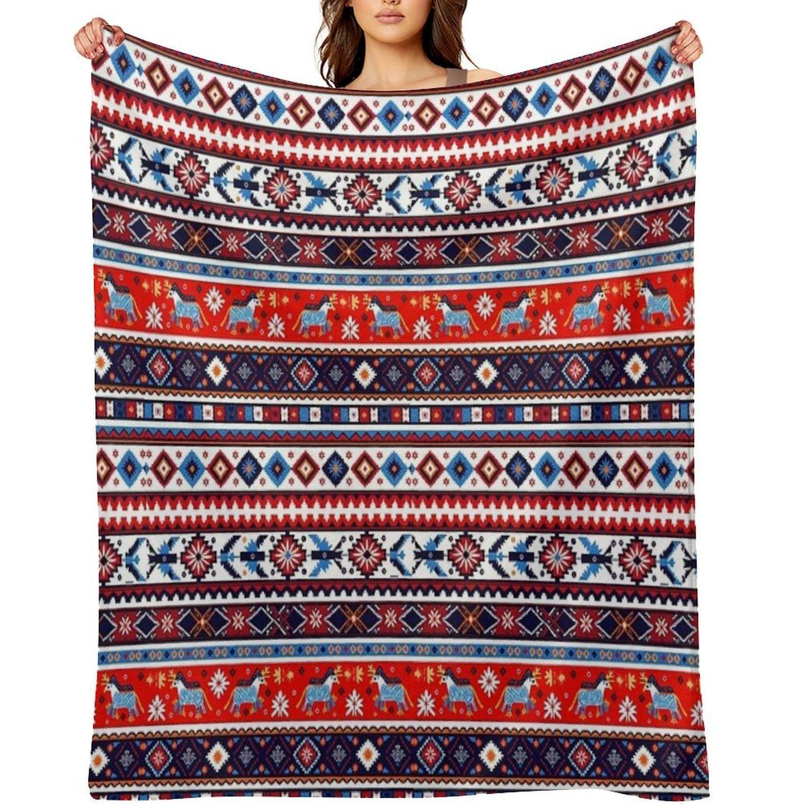 Swedish Norwegian Folk Art – Colorful Nordic Tribal Pattern Throw Blanket