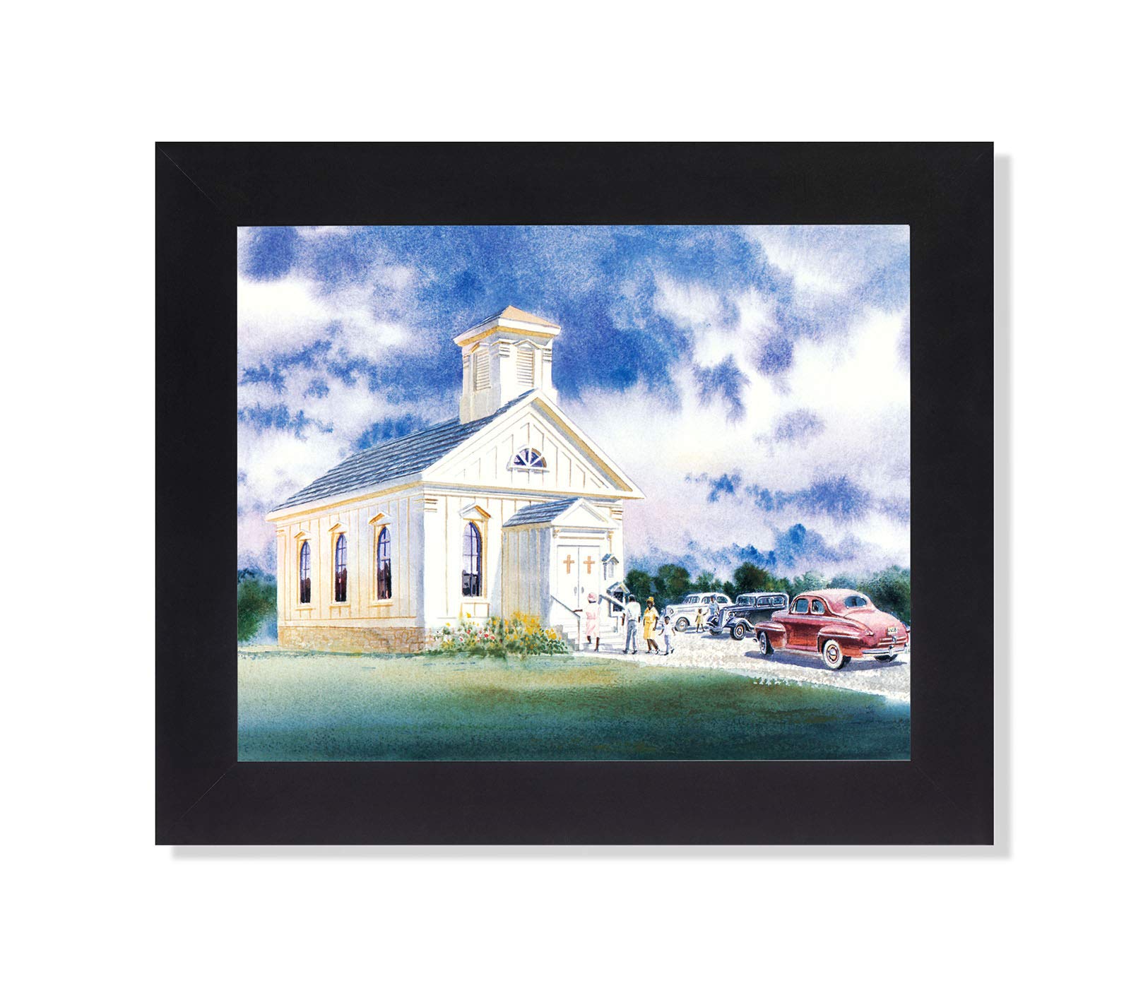 Framed Religious Wall Art - African American Old Country Church Print With Black Wood Frame