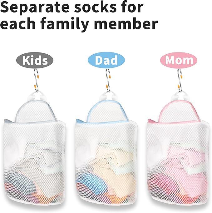 3Pcs Hanging Laundry Bags for Socks with S Hooks, 3 Color Mesh Laundry Bags for Washing Machine