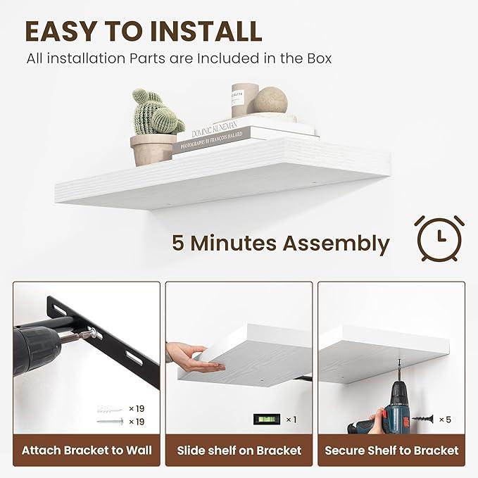 24 Inch Floating Shelves, 12 Inch Deep Floating Shelves for Wall, Floating Shelf with Invisible Brackets, Deep Shelves for Bathroom, Bedroom, Living Room, 2 Pack, White