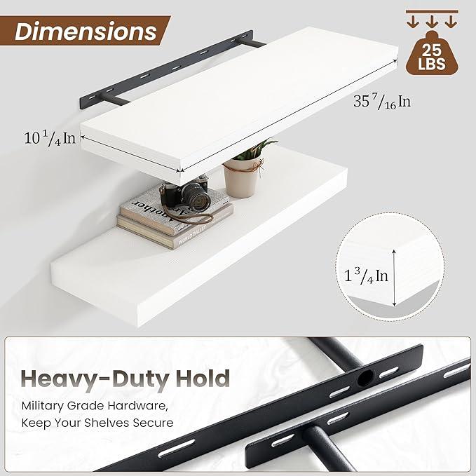 Heimlove 36 Inch White Floating Shelves for Wall,10 Inch Deep Wood Shelves with Invisible Brackets,Wall Mounted Storage & Display Shelves for Bedroom,Living Room,Kitchen,Office
