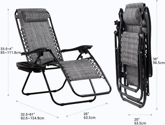 Nazhura Set of 2 Relaxing Recliners Patio Chairs Adjustable Steel Mesh Zero Gravity Lounge Chair Beach Chairs with Pillow and Cup Holder(Grey)