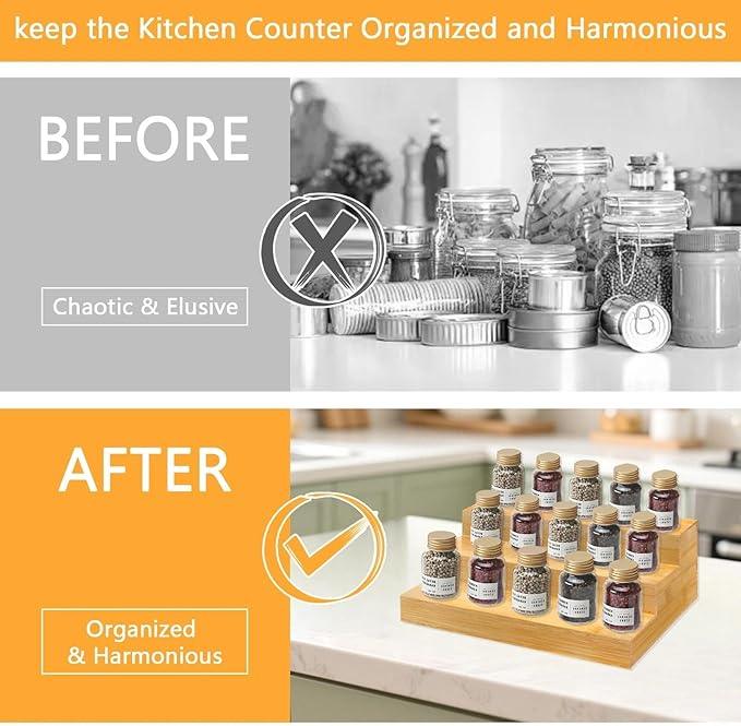 Spice Rack Organizer for Cabinet - Bamboo Spice Shelf, 3 Tier Seasoning Organizer for Countertop, Kitchen, Pantry 2 Pack