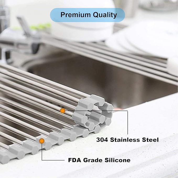 Searik Over The Sink Dish Drying Rack, Roll up Sink Dish Drainer Rack Foldable Kitchen Stainless Steel Dish Rack Sink Drying Rack (17.7