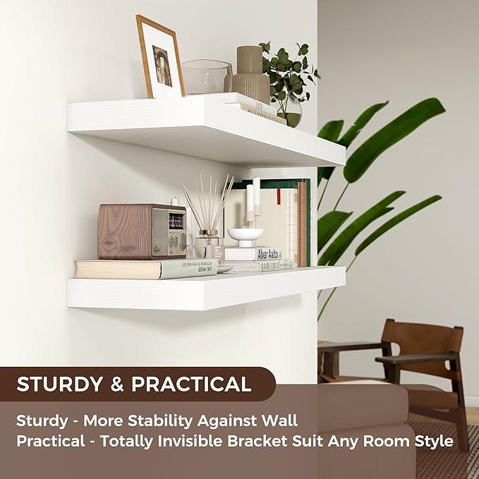 Floating Shelves for Wall, 2 Large Wall Mounted Shelves with Invisible Brackets, Long Wood Floating Wall Shelf Shelves for Living Room, Bedroom, Kitchen, (White, 36
