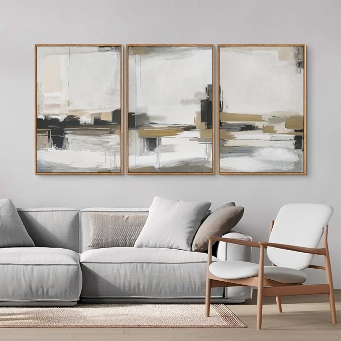 SIGNINART Beige Abstract Framed Canvas Wall Art Set, Black and White Textured Art Prints, Paint Strokes Minimalist Shapes Wall Decor, Neutral Modern Art Paintings for Living Room, Bedroom, Office 16