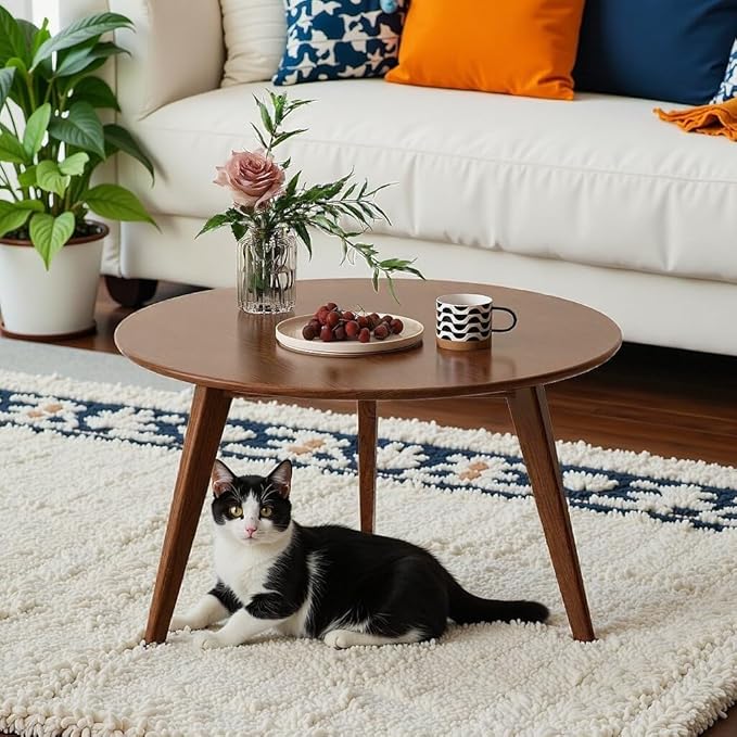 100% Solid Oak Wood Mini Coffee Table, Round Side Table w/Solid Wood Legs, Walnut Mid Century Coffee Table w/Sturdy Frame for Bedroom Balcony Living Room (29.53