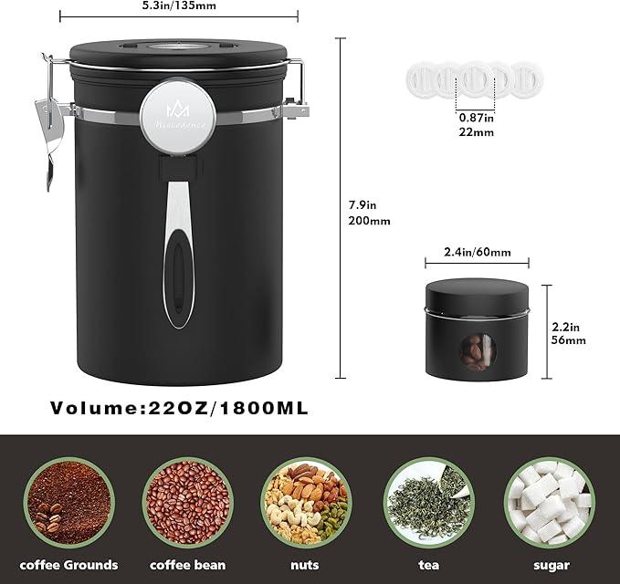 Coffee canister set for ground coffee with Date Tracker Travel Coffee jar,Stainless Steel Kitchen Food Airtight storage container for Coffee Beans or Grounds,Tea,Sugar (22oz-Black)