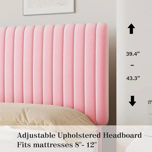 Twin Size Bed Frame, Velvet Upholstered Platform Bed with Vertical Channel Tufted Headboard and Footboard, No Box Spring Required, Easy Assembly, Pink