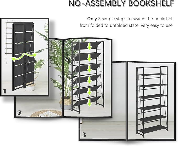 4NM No Assembly Foldable Bookshelf, 6-Shelf Collapsible Bookcase Storage for Small Spaces, 74