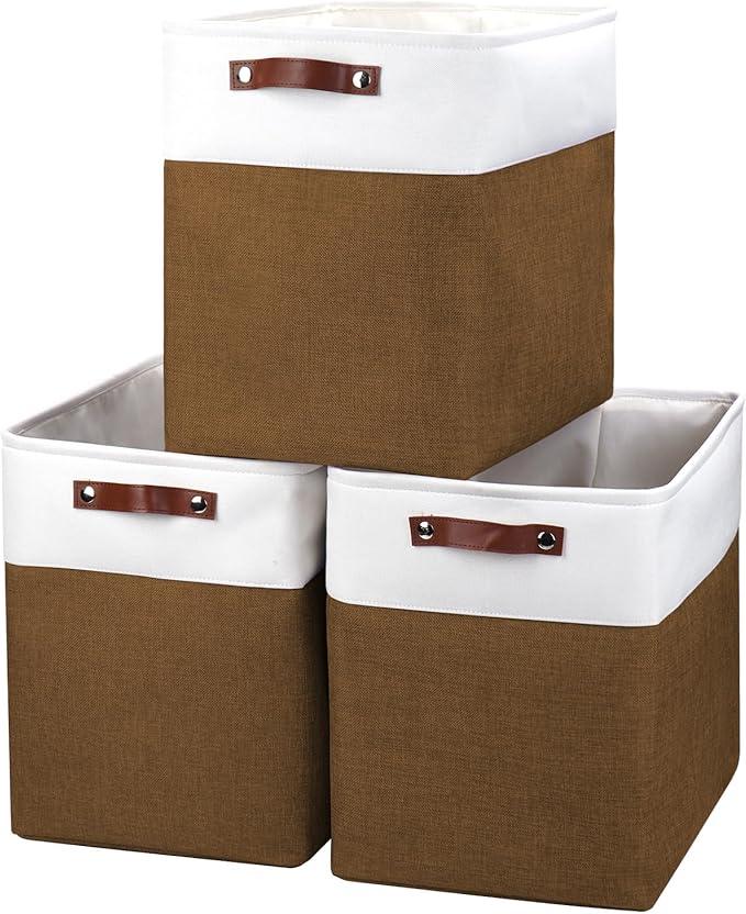 Large Fabric Storage Baskets | 50L Storage Bins, Decorative Linen Closet Baskets with Handles for Organizing, Shelf, Toys, Clothes, Home, Office, Nursery, 17x12x15Inches (Brown&White)
