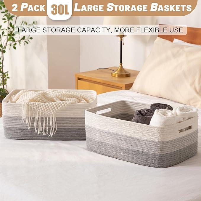 Large Storage Basket for Organizing, Woven Rope Basket for Shelves, Closet Organizer Bins for Clothes, Blanket, Toys, Baby Nursery Storage, 17.7
