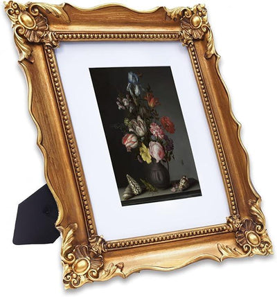Vintage 8x10 Picture Frame with Embossed Flower, Ornate Gold Frame for 8x10 or 5x7 Photos with White Mat, Antique Photo Frame for Tabletop & Wall Hanging (Bronze)