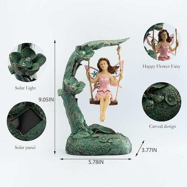 Garden Flower Fairy Outdoor Statue, Patio Lawn Yard Porch Decor, Funny Swing Ornaments, 9.05 Inches Tall