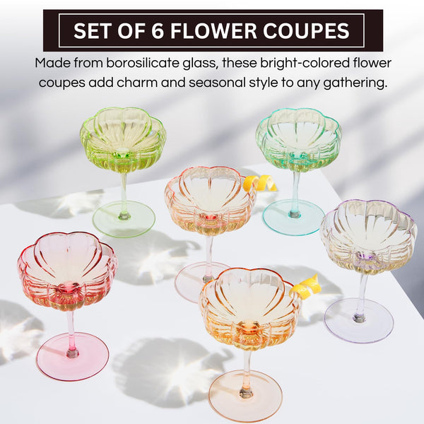 Flower Coupe Cocktail Glasses | Set of 6 | Bright Colors
