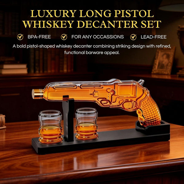 Whiskey Decanter Set 7.7 Oz with Two 1.6 Oz Shot Glasses | Pistol Gun Unique Birthday Gift Ideas For Son, Gifts for Men Dad, Home Bar Gifts, Drinking Accessories Funny Military Present Cool Dispenser