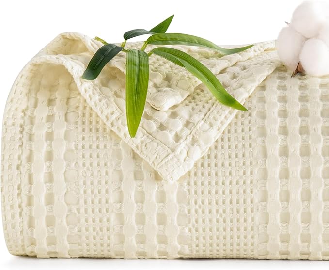 PHF Cooling Waffle Blanket Queen Size, Lightweight 60% Rayon Derived from Bamboo & 40% Cotton Breathable Blanket for Hot Sleepers, Soft and Luxury for Bed Couch and Sofa, 90