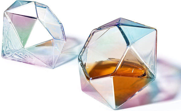 Set of 2 Iridescent Diamond Whiskey & Wine Glasses 10oz - Wine, Whiskey, Water, Diamond Shaped, Diamonds Collection Sparkle Patented Wine Savant - Stands Alone, Or on Stand