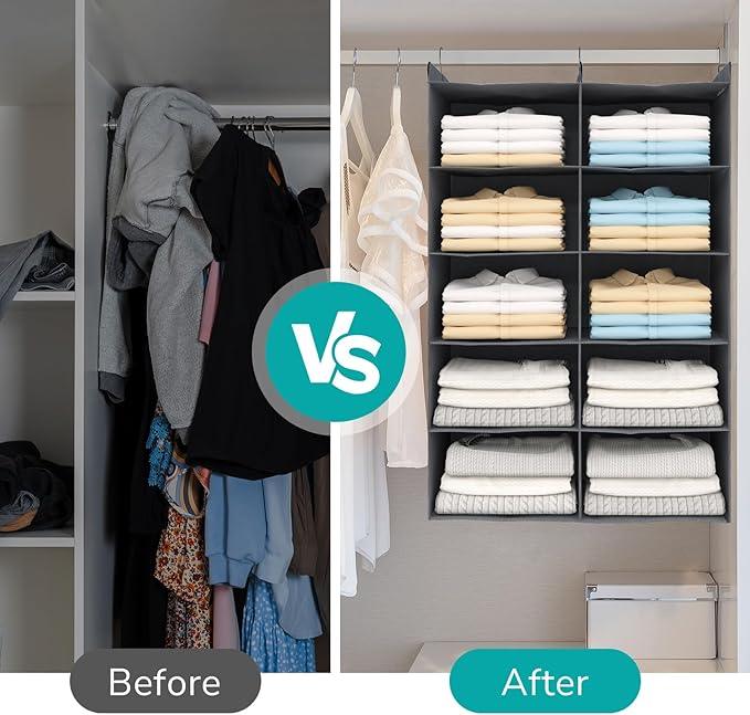 5 Tier Shelf Hanging Closet Organizer, Dual-Row 10 Pocket Cloth Hanging Shelf with 3 Sturdy Hooks for Storage, Foldable (Grey)