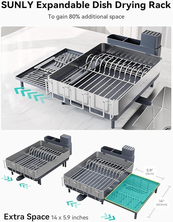 SUNLY Large Dish Drying Rack, Expandable Dish Racks for Kitchen Counter, Space Saving 304 Stainless Steel Drying Rack Kitchen, Extra Large Drainer with Multifunctional Flip Up Pegs, Gray