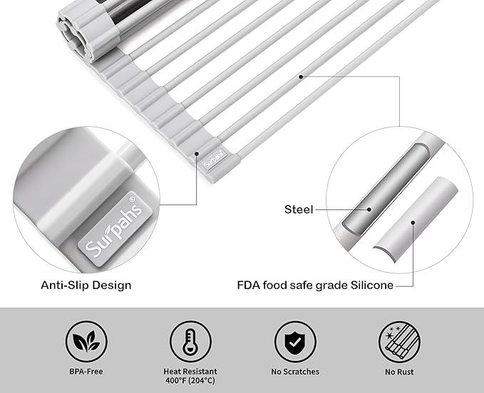 Surpahs Over Sink Foldable Multipurpose Roll-Up Dish Drying Rack, Silicone Wrapped Stainless Steel, Warm Gray, 17.5