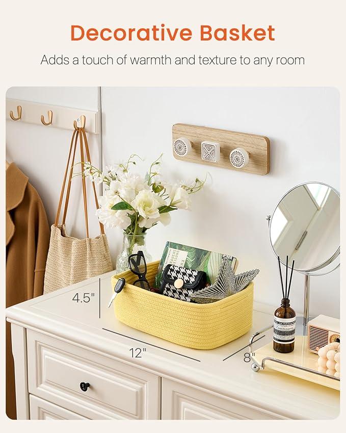 KALLAX Small Woven Basket, 12 x 8 x 4.5 Inches, Storage Basket for Organizing, Cute Small Rope Shelf Closet Cube Storage Bins Baskets for Shelves, Dog Toy Gift Baskets Empty, 3 Pack Yellow