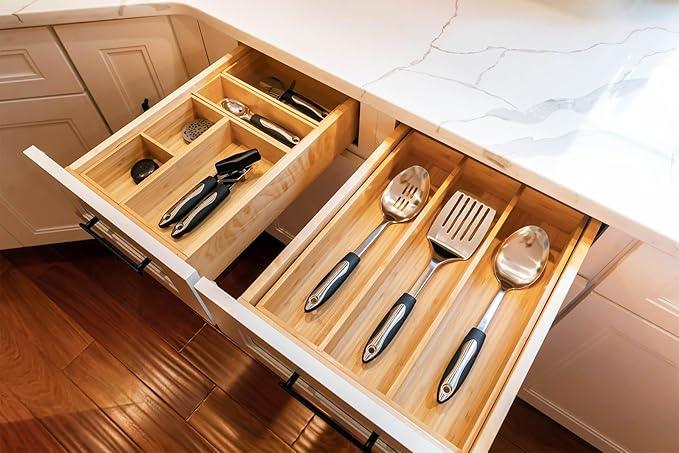 Umilife Bamboo Kitchen Utensils Organizer, Extra High Silverware Drawer Tray, Flatware Cutlery Storage Box, Multi-Use Holder in Office, Bathroom, Pantry - 15