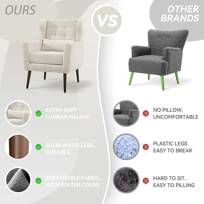 Modern Accent Chair, Upholstered Armchair with Pillow, Fabric Single Sofa Chair with Lounge Seat and Wood Legs Accent Chair for Living Room Bedroom Small Spaces (Beige, Set of 2)