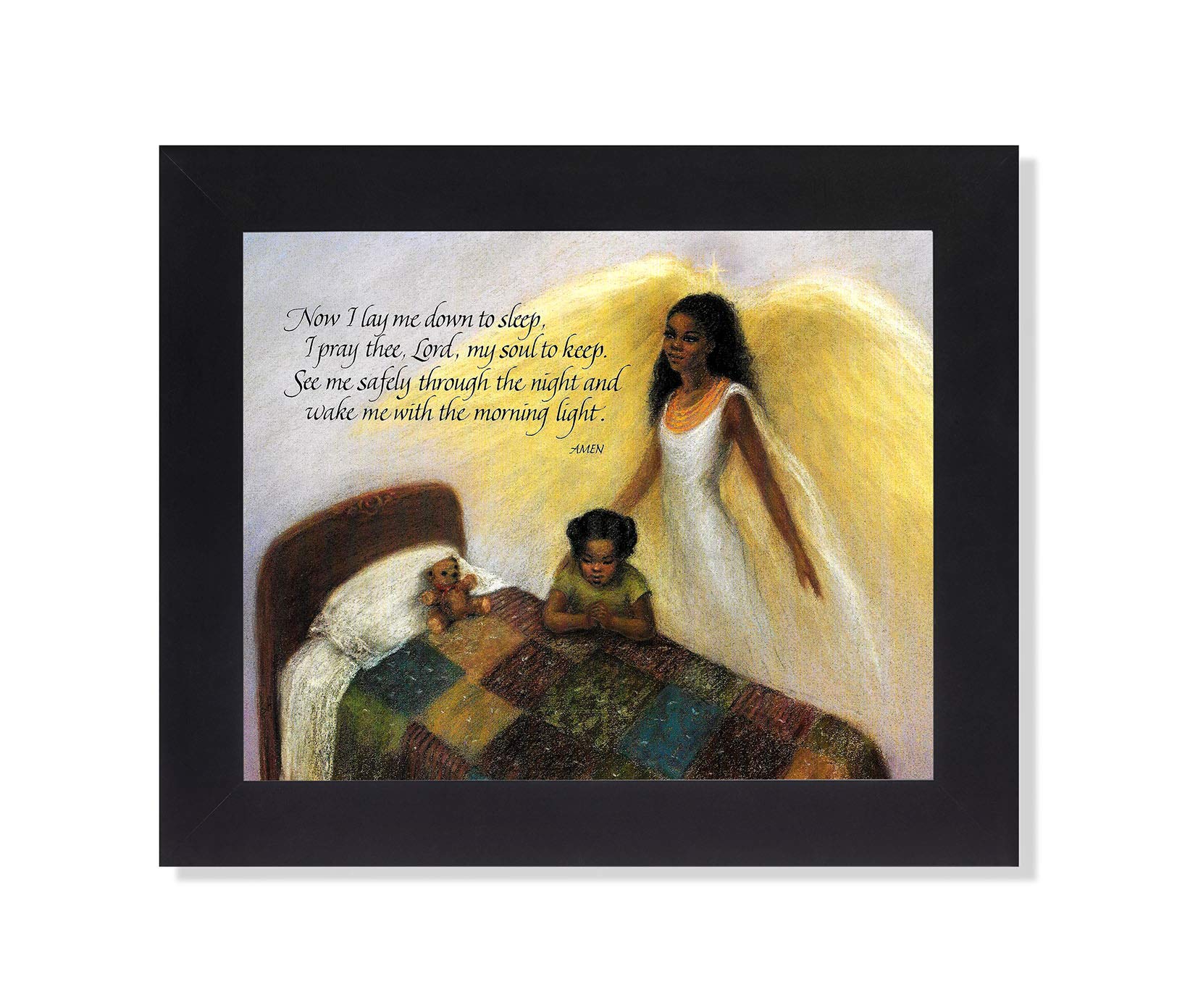 Framed Art Print - Black Guardian Angel Praying Girl with Oak Wood Frame 8x10